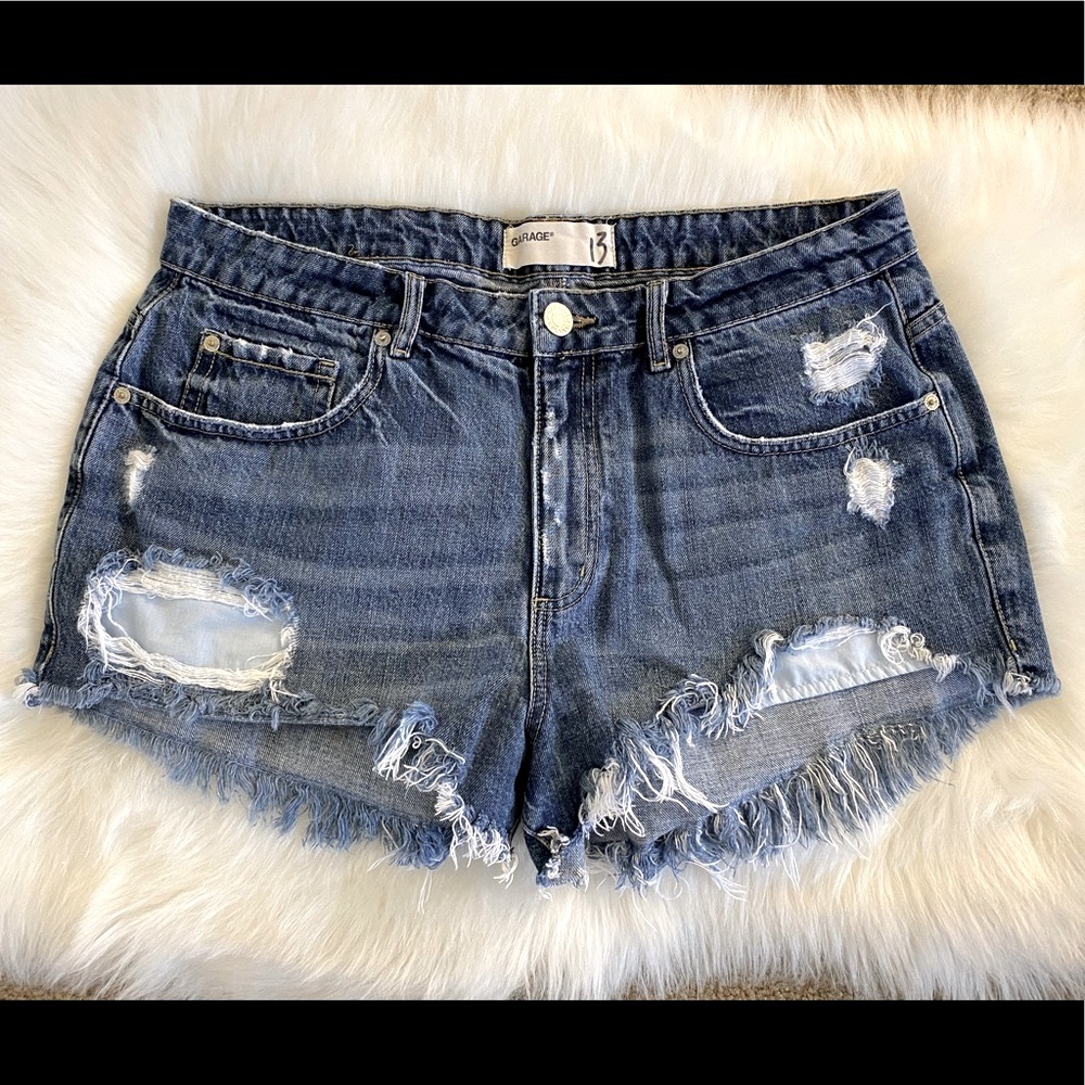 GARAGE Frayed Hem Distressed Denim Shorts